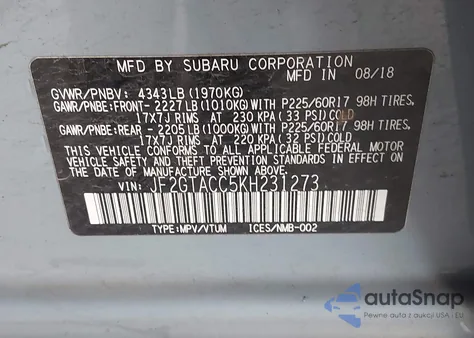 2019 Subaru Crosstrek 2.0I Premium из США, поврежденный, VIN JF2GTACC5KH231273